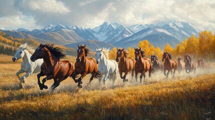 A Herd of Horses Galloping Through a Golden Meadow with a Mountain View