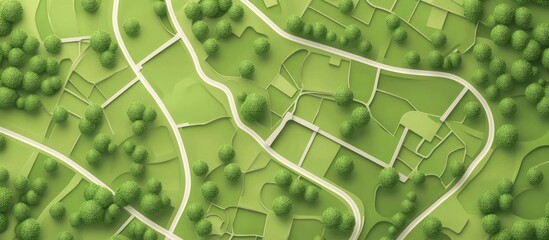 Stylized map featuring white lines representing streets on a green background Aerial view in 3D rendering and illustration style
