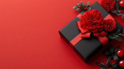 Black Gift Box with Red Flowers and Ribbon on Red Background