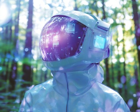 Futuristic Explorer in Space-Age Gear on a Digital Nature Path Amidst Green Forests