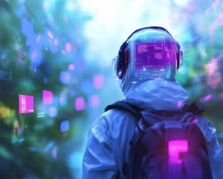 Futuristic Non-Binary Explorer Trekking with Holographic Waypoints in a Surreal Digital Forest - Powered by Adobe