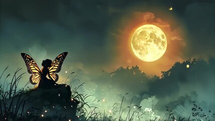 A serene fairy sitting on a rock gazing at the full moon amidst enchanting forest scenery at night