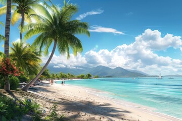 Obraz premium Pristine White Sand Beach with Lush Greenery and Relaxing Atmosphere