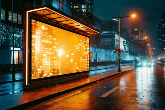 futuristic digital billboard advertising mockup at a city bus stop.
