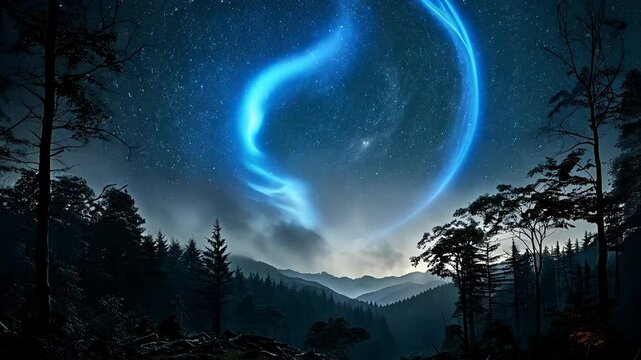 Dramatic night sky over dense forest with rolling mountains in the background and clouds illuminated by moonlight