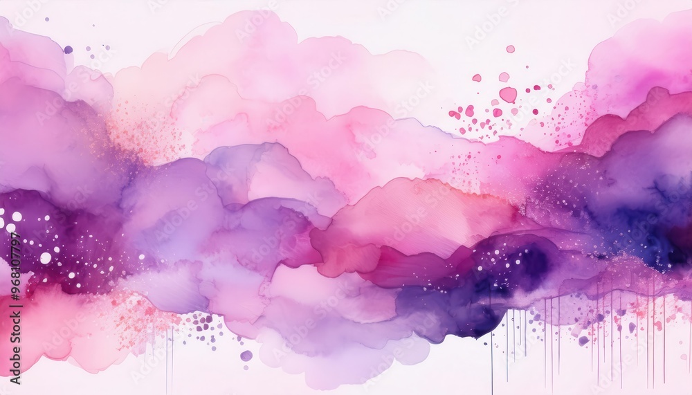 Poster dreamy watercolor clouds in soft pink, lavender, and purple hues with splashes of light. abstract fl