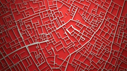 Map of city streets created with white lines on red paper Top down perspective textured background 3D render illustration