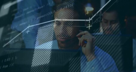 Animation of financial data processing over caucasian businessman using phone headset and computer - Powered by Adobe