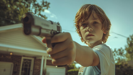 Young boy holding a handgun in a suburban backyard.