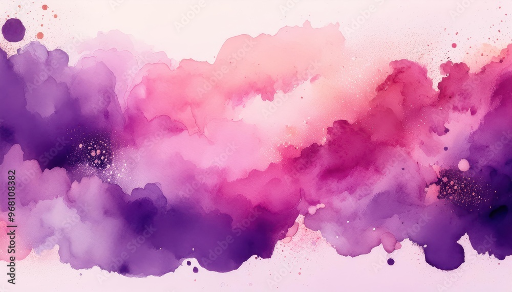 Poster dreamy watercolor clouds in soft pink, lavender, and purple hues with splashes of light. abstract fl