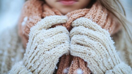A close up of hands in fuzzy gloves wrapping a knitted scarf tightly around the neck, with frosty breath visible in the cold air