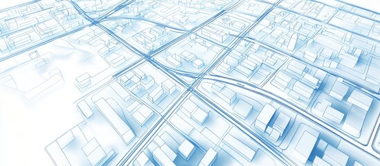 Map illustration featuring blue lines outlining streets on a white background A top down view rendered in 3D format