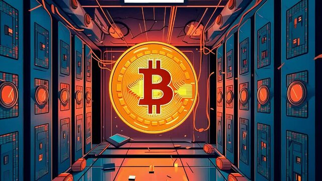 Bitcoin mining hardware in a futuristic data center cryptocurrency blockchain technology