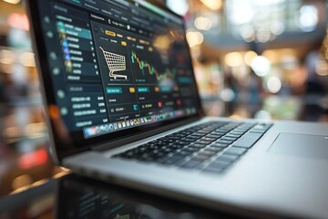  A close-up shot of a laptop keyboard with a virtual shopping interface, complete with cashiers, shopping cart, and various product options. The screen displays a mix of auction, clearance