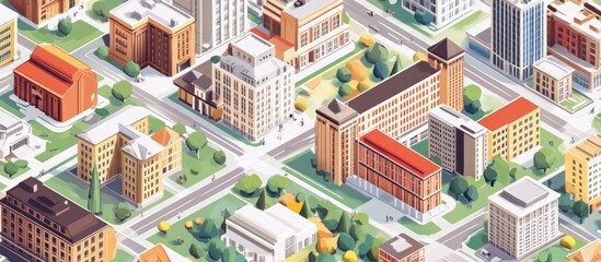 Isometric representation of an urban center on a map featuring numerous buildings