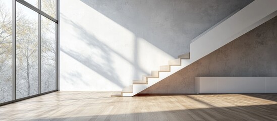 Obraz premium Empty room interior featuring white and gray walls wood flooring and a staircase Represents concepts of interior design and architectural decor for various applications 3D rendering mockup