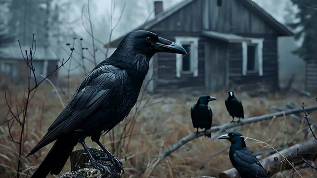 A group of raven crows sitting near an old wooden cabin foggy forest setting during early morning hours horror scary