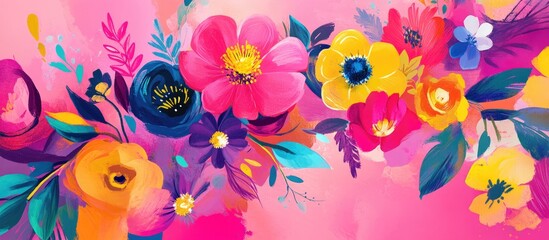Obraz premium Pink background adorned with vibrant colorful flowers