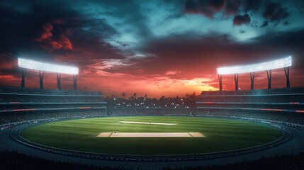 Cricket Stadium Under Dramatic Sunset Sky