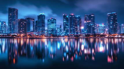 Fototapeta premium A city at night, with tall buildings lit up, reflecting in a still water. This image is perfect for a modern, tech-themed background.