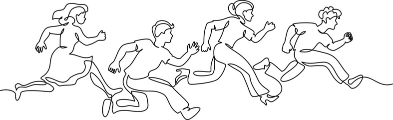 Group of people running fast to success in competition. Continuous one line drawing.