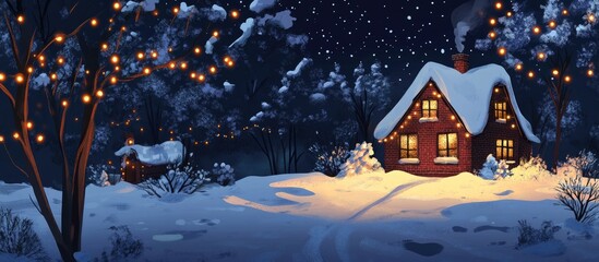 Naklejka premium Winter landscape illustration featuring a snowy forest at night adorned with glowing garlands and a charming brick house