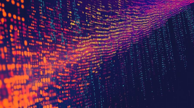 Abstract graphic representation of a flowing binary code algorithm showcasing elements of data technology encryption and decryption in a flat illustration style with a matrix background