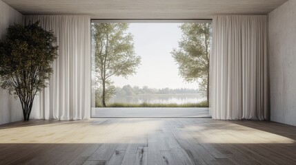Fototapeta premium Concept of a minimalist Scandinavian room featuring wooden flooring large walls and a view of a serene landscape through curtained windows Interior design scene 3D rendering