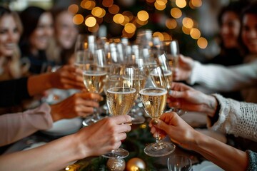 group of friends making a festive toast with sparkling glasses filled with champagne, celebrating the holiday season and New Year.