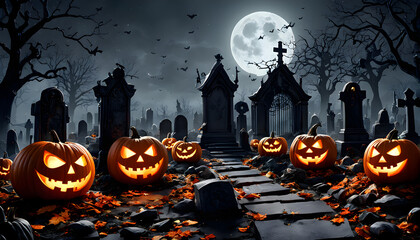 Spooky Halloween Graveyard Scene with Pumpkins, Zombies, and Full Moon
