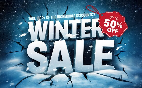 Winter sale banner template with 3d text and winter elements on blue icey background. Special winter sale offer text. 50% off winter discount template. label, badge, sticker, tag. Winter background
