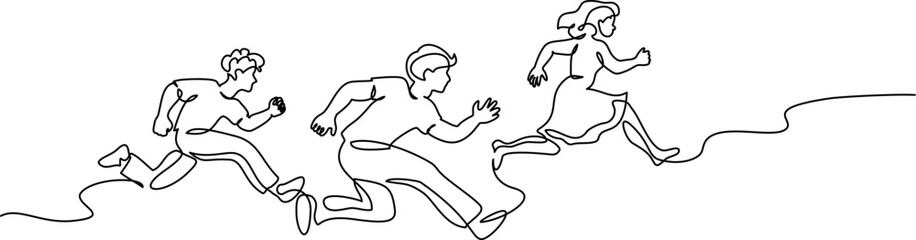 Group of people running fast to success in competition. Continuous one line drawing.