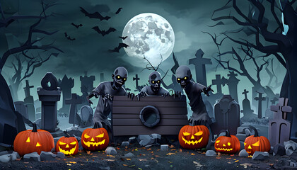 Spooky Halloween Graveyard Scene with Pumpkins, Zombies, and Full Moon