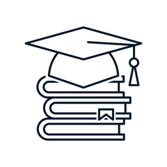 Graduation cap, books. Concept of training, education. Vector linear icon isolated on white background.