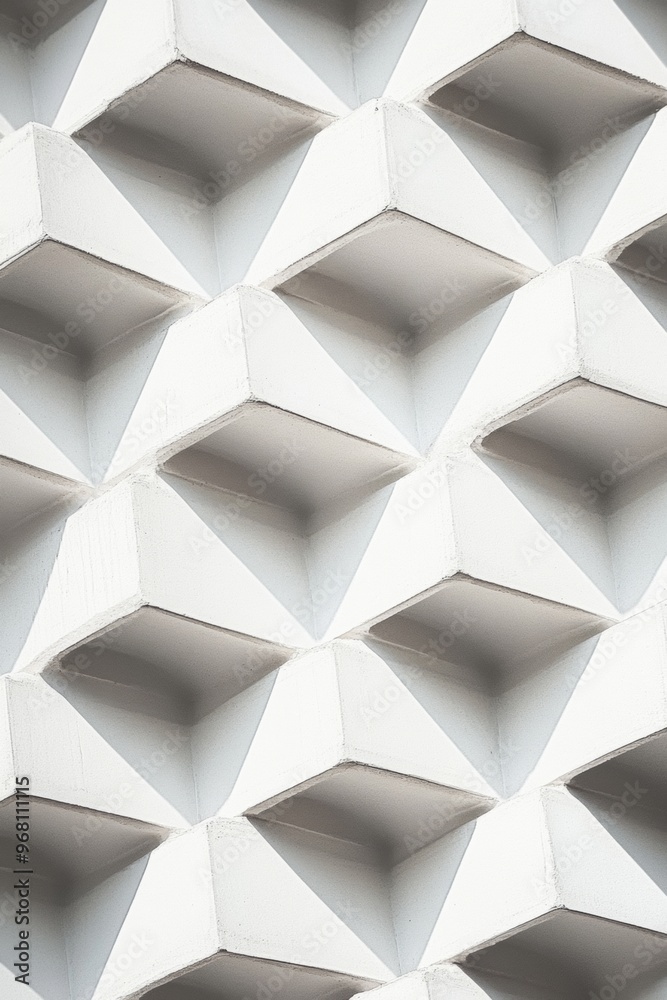 Poster Aerial View of Geometric White Concrete Pattern with Repeating Symmetrical Design and Subtle Shadows