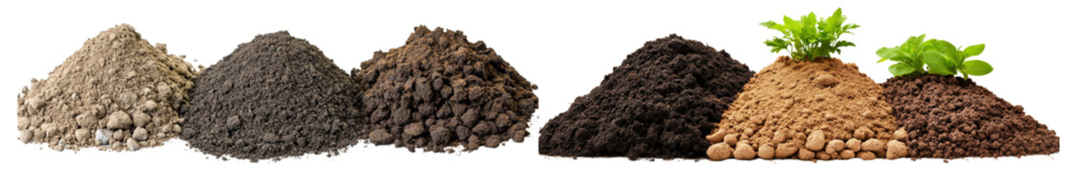 Rich soil varieties are displayed in distinct mounds, showcasing textures and colors ideal for gardening and agriculture. Each type offers unique benefits for plant growth and health. 