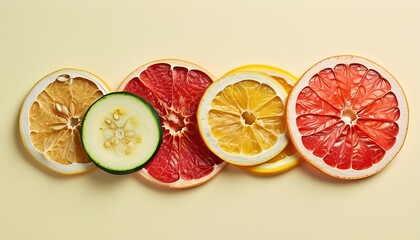 Vibrant Minimalist Display of Dried Fruit Slices Including Lemon, Pineapple, Zucchini, and Grapefruit on a Light Background