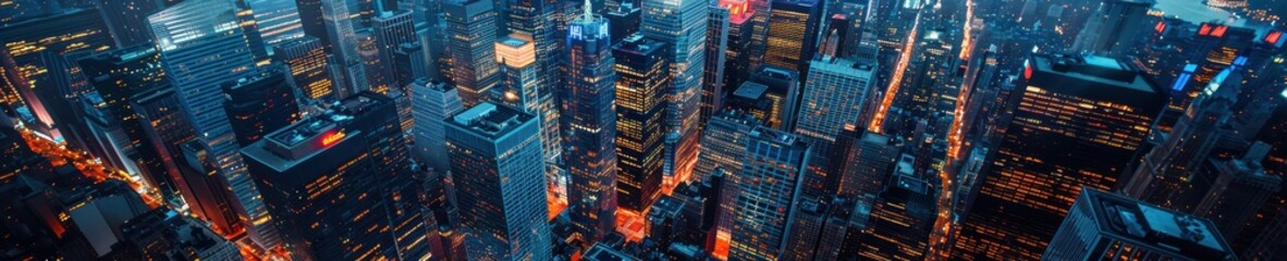 Obraz premium A vibrant aerial view of a cityscape at night, illuminated with colorful lights from buildings and streets below. Free copy space for banner.