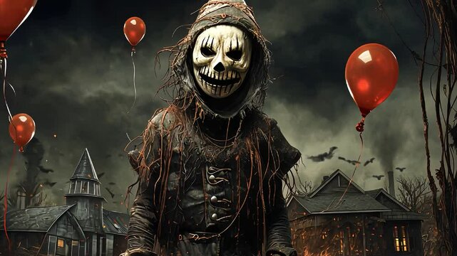 A haunting scarecrow with mask standing balloons in a dark abandoned village house fire burning horror scary halloween 