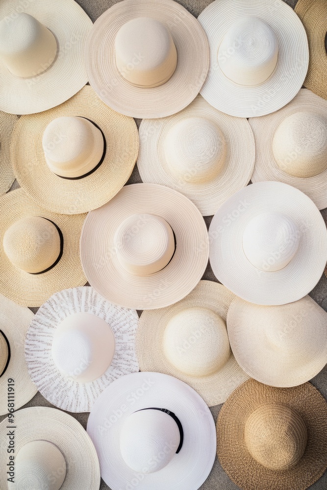 Aufkleber aerial view of symmetrical beige sun hats creating geometric pattern on textured background