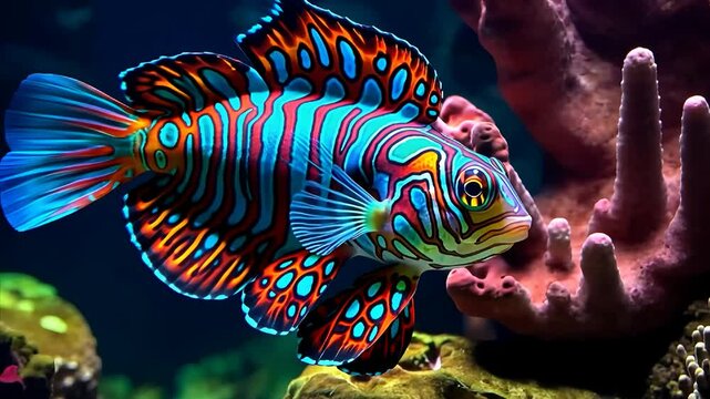 Vibrant mandarin fish swimming near coral reef in an aquarium colorful marine life underwater blue