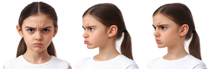Frustrated girl with different expressions showing anger and annoyance. Her serious demeanor captures range of emotions, making it relatable for various contexts. 