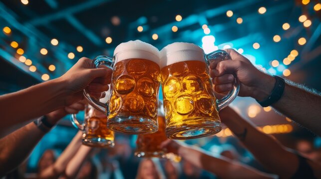 Friends enjoying a summer festival, toasting with beer amidst festive lights and lively conversation, capturing the essence of shared summer nights