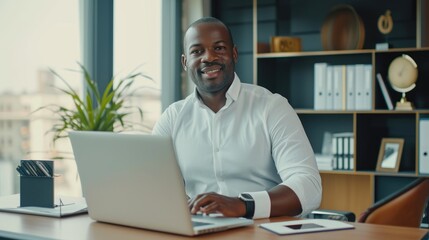 Confident Businessperson on Video Call with Cityscape Background