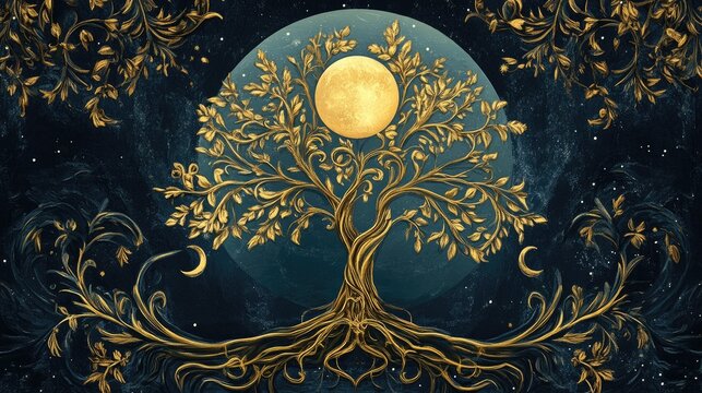 Crescent moon tarot card design featuring a golden tree embodying themes of magic and festive elements
