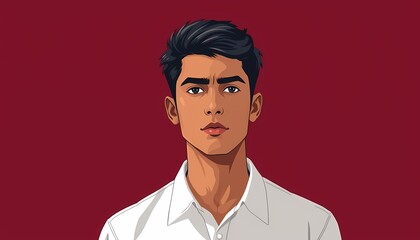 Fototapeta premium Handsome Young Man with Dark Hair in White Shirt – Cartoon Portrait on Burgundy Background