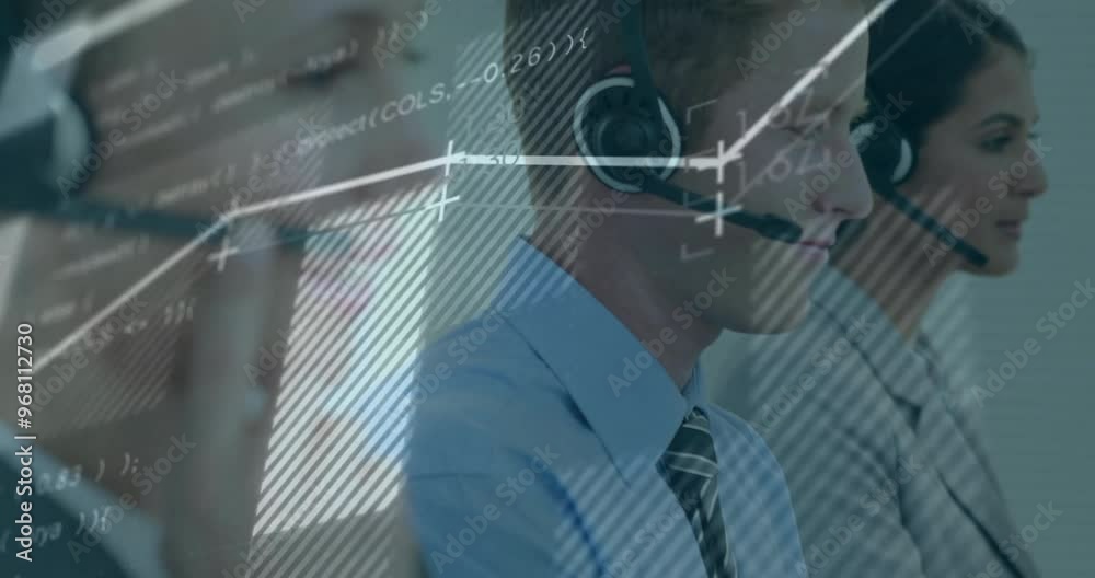Poster animation of financial data processing over diverse colleagues using phone headsets and computers