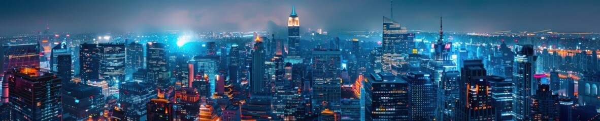 Fototapeta premium A vibrant aerial view of a cityscape at night, illuminated with colorful lights from buildings and streets below. Free copy space for banner.