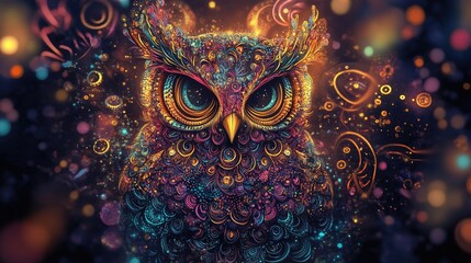 Fototapeta premium Mystical gold owl in neon colors featuring a psychedelic vintage style Isolated pattern showcasing a cartoon character bird as a decorative element for a bohemian background