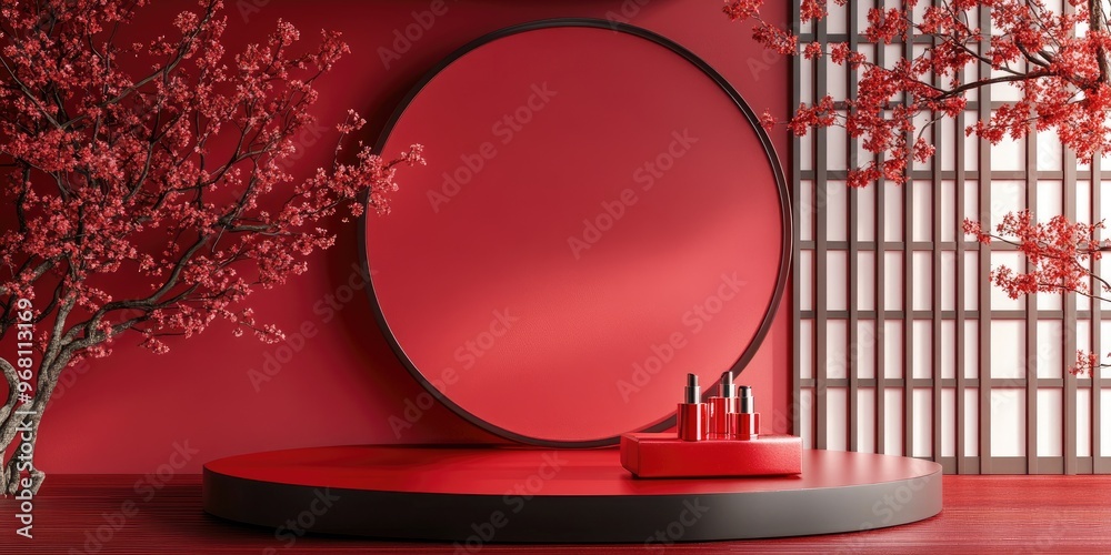 Poster Geometric podium display for cosmetic products in a red Japanese style 3D rendering